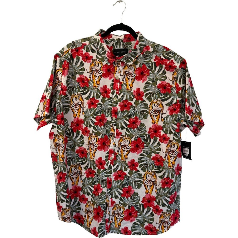 No Boundaries Men's Hawaiian Shirt Tiger Hibiscus Floral Print NWT 2XL